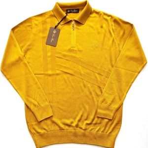 NWT LORO PIANA MENS KNIT COLLARED SWEATER MUSTARD SIZE L